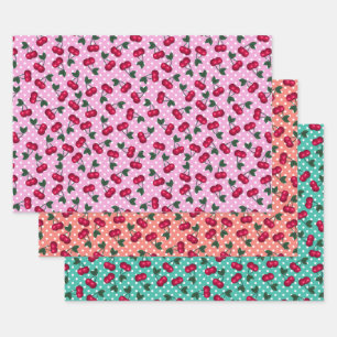 Retro Rockabilly Cherries on Polka Dots Wrapping Paper Sheet