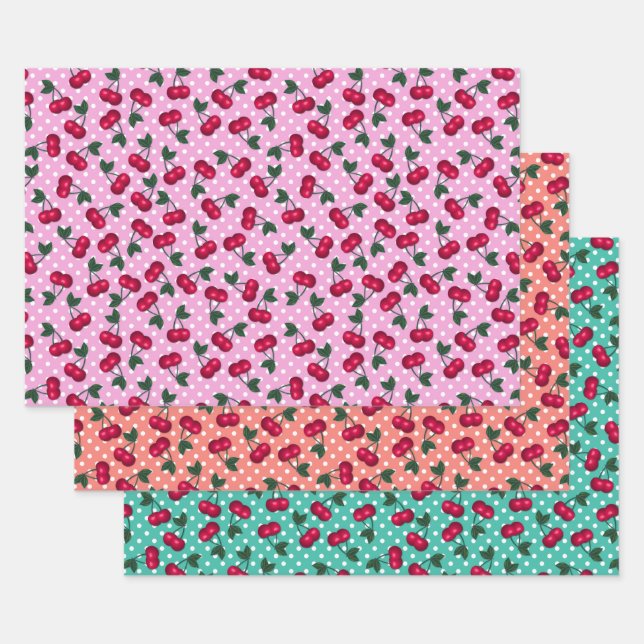 Retro Rockabilly Cherries on Polka Dots Wrapping Paper Sheet (Set)