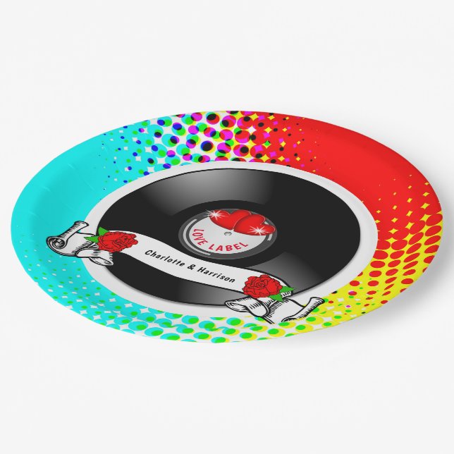 Retro Rockabilly Hearts & Roses Vinyl Record Style Paper Plate (Angled)