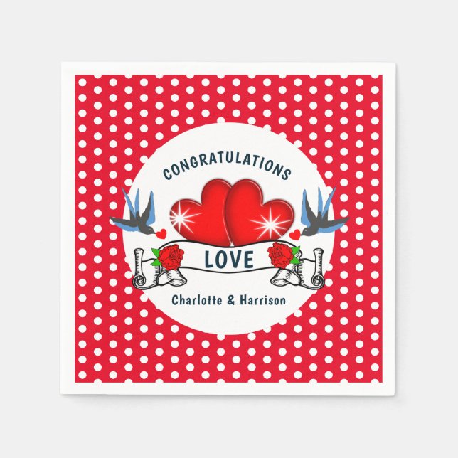 Retro Rockabilly Hearts Wedding Napkin (Front)