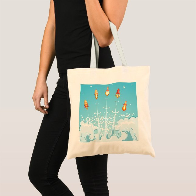 Retro Rocket Ship Launch Futuristic Space Art  Tote Bag (Creator Uploaded)