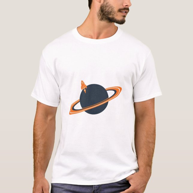 Retro Rocket Ship Orbiting Dark Planet - Outer Spa T-Shirt (Front)