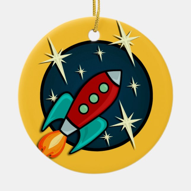 RETRO ROCKET SHIP ROUND CHRISTMAS ORNAMENT (Front)