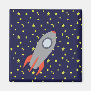 Retro Rocket Ship with Star Pattern Background Magnet