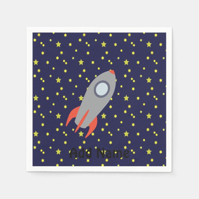 Retro Rocket Ship with Star Pattern Background Napkin (Front)