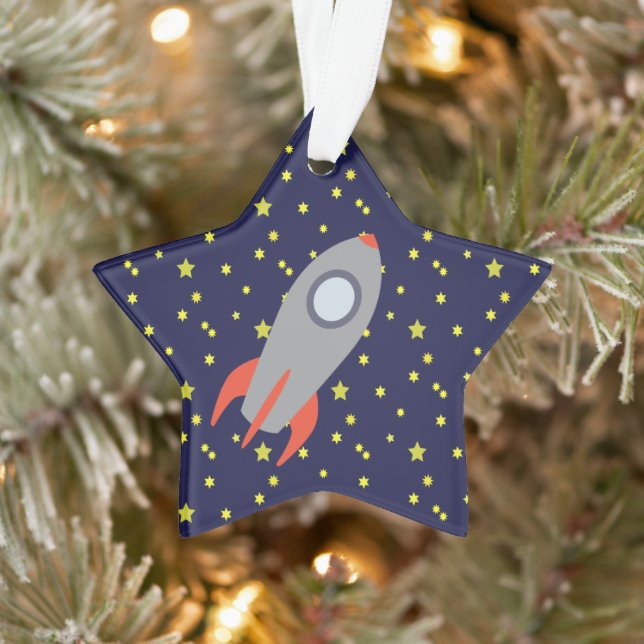 Retro Rocket Ship with Star Pattern Background Ornament (Tree)