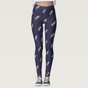 Retro Rocket Ship with Stars Pattern Background Leggings