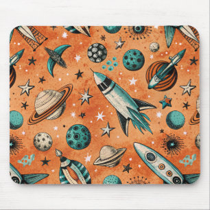 Retro Rocket Space Pattern Terracotta Teal Mouse Mat