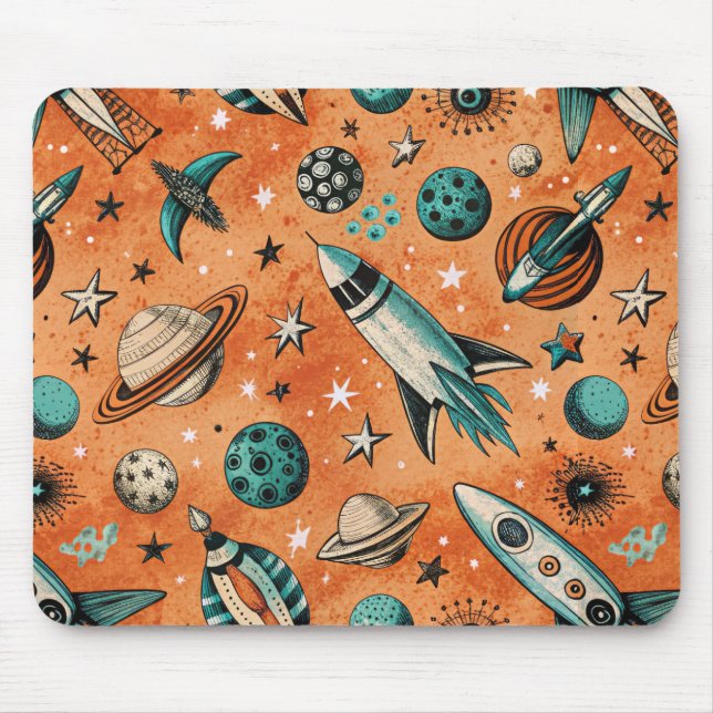Retro Rocket Space Pattern Terracotta Teal Mouse Mat (Front)