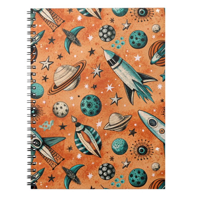 Retro Rocket Space Pattern Terracotta Teal Notebook (Front)
