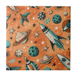 Retro Rocket Space Pattern Terracotta Teal Tile