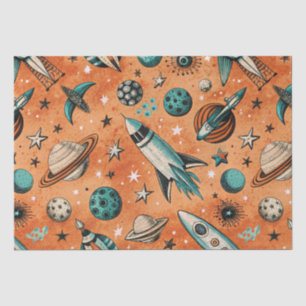 Retro Rocket Space Pattern Terracotta Teal Tissue Paper