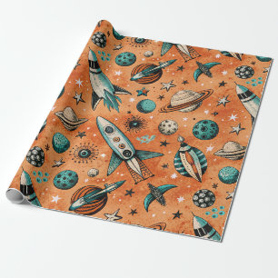 Retro Rocket Space Pattern Terracotta Teal Wrapping Paper