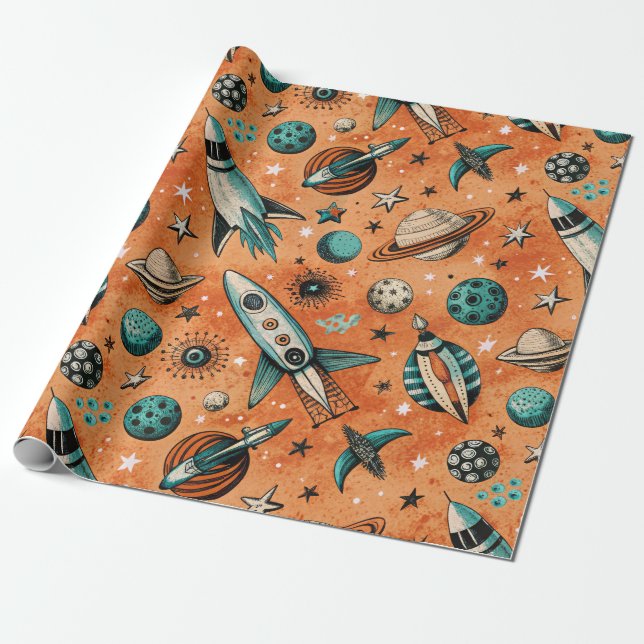 Retro Rocket Space Pattern Terracotta Teal Wrapping Paper (Unrolled)