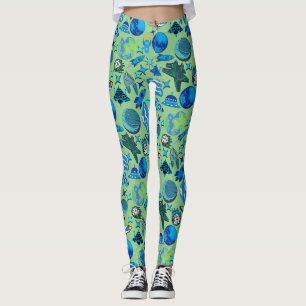 Retro Rockets in Space. L Green BG Leggings