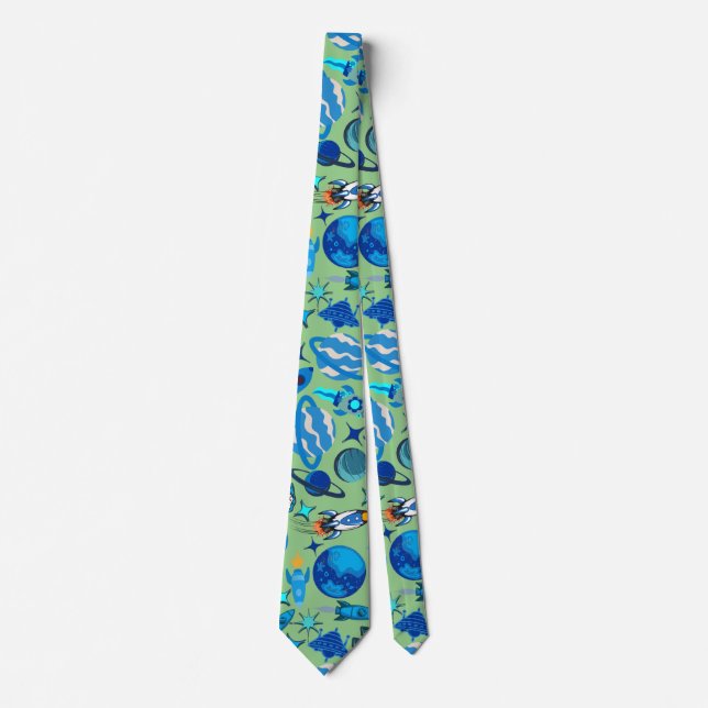 Retro Rockets in Space. L Green BG Tie (Front)