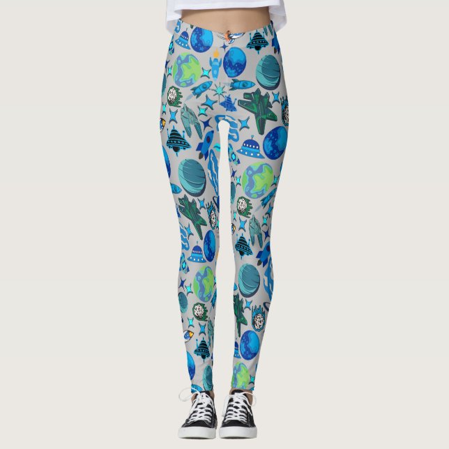 Retro Rockets in Space. L Grey BG Leggings (Front)