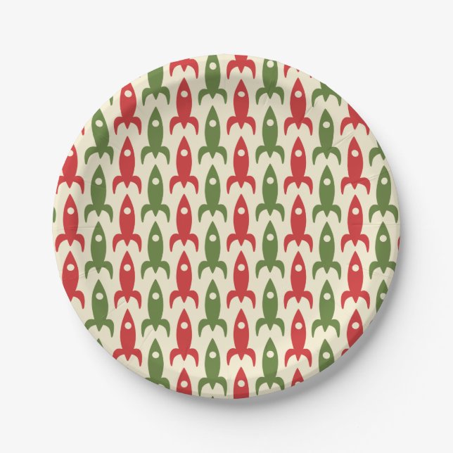 Retro Rockets Pattern in Christmas Red and Green Paper Plate (Front)
