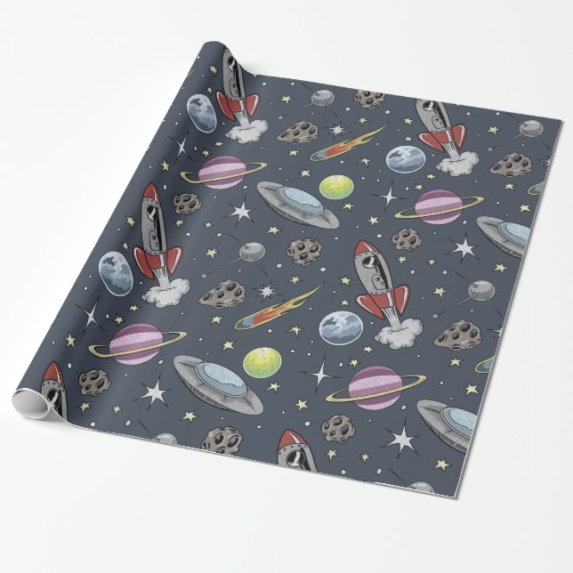 Retro Rockets Wrapping Paper (Unrolled)