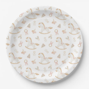 Retro Rocking Horse Pattern Girl Baby Shower Paper Plate