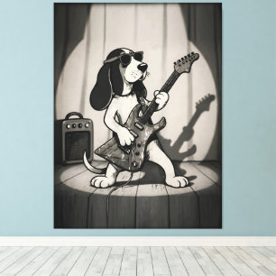 Retro Rockstar Basset Hound Guitarist Monochrome Canvas Print