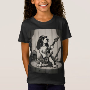 Retro Rockstar Basset Hound Guitarist Monochrome T-Shirt