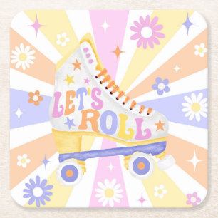 Retro Roller Rink Birthday Party Square Paper Coaster