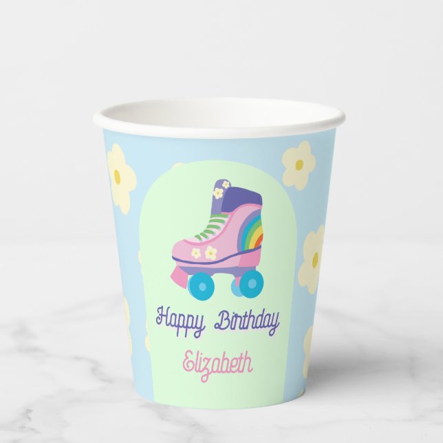 Retro Roller Skate Happy Birthday Daisy Paper Cups (Front)