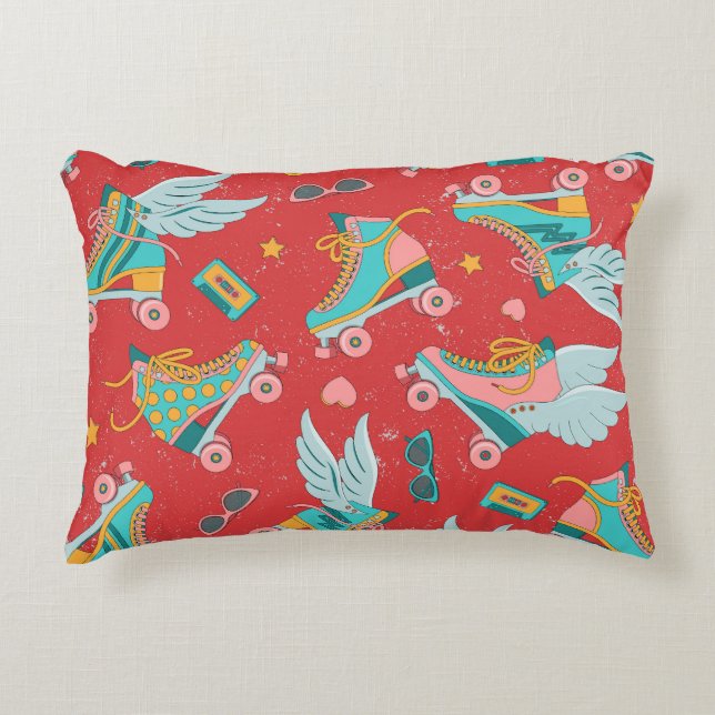 Retro Roller Skates: Bright Red Background Decorative Cushion (Front)