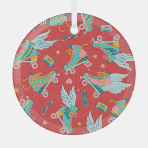 Retro Roller Skates: Bright Red Background Glass Tree Decoration