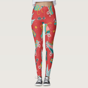 Retro Roller Skates: Bright Red Background Leggings