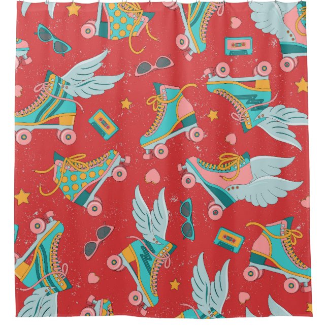 Retro Roller Skates: Bright Red Background Shower Curtain (Front)