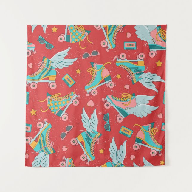 Retro Roller Skates: Bright Red Background Tapestry (Front)