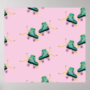 Retro roller skates: pink pattern. poster