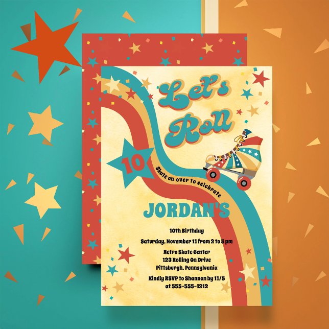 Retro Roller Skating Birthday Party Invitation (Retro 70's Roller Skating Birthday Party Invitation in Seventies Colors and Style)