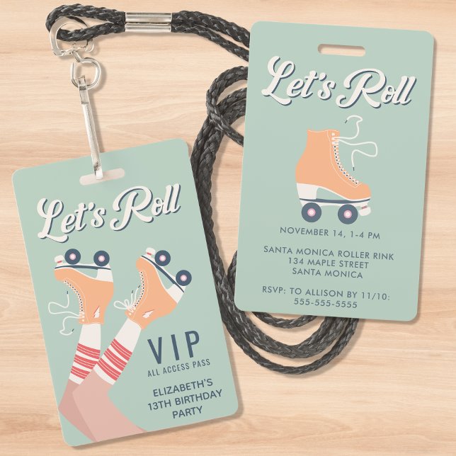 Retro Roller Skating Birthday Party Invitation VIP ID Badge (Creator Uploaded)