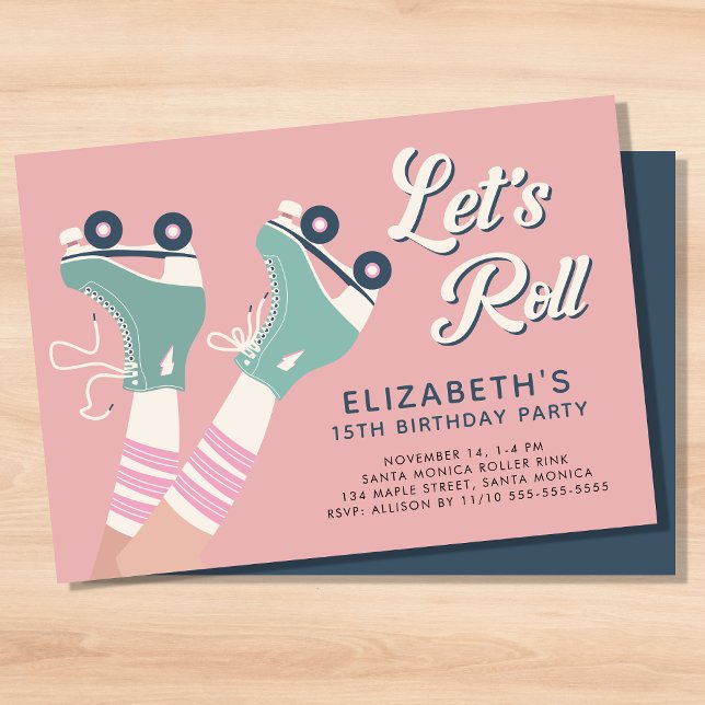 Retro Roller Skating Birthday Party Pink Invitation (A cool roller skating birthday party invitation with a retro vibe)