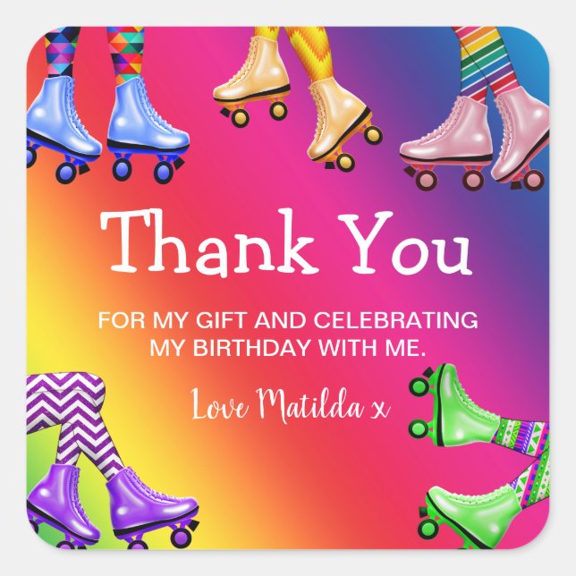 Retro Roller Skating Birthday Thank You Square Sticker (Front)