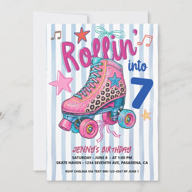 Retro Roller Skating Girl 7th Birthday Let's Roll  Invitation (Front)
