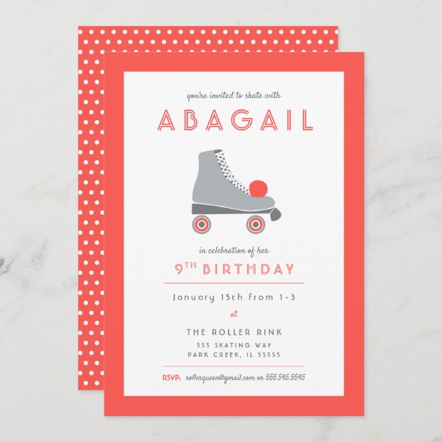 Retro Roller Skating Party in Coral and Grey Invitation (Front/Back)