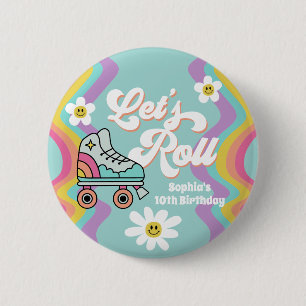 Retro Roller Skating Rainbow Birthday Button