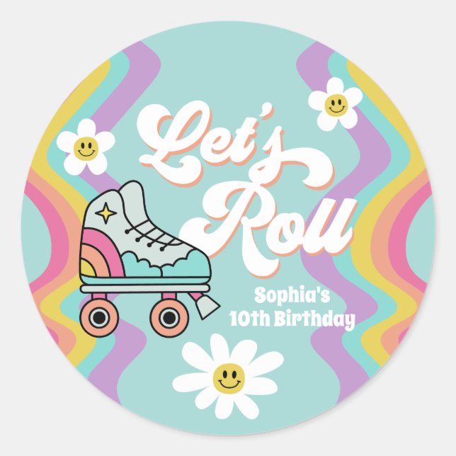 Retro Roller Skating Rainbow Birthday Stickers (Front)