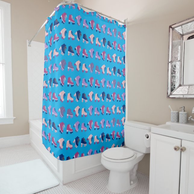 Retro Rollerskates Purple Pink Blue Pattern Shower Curtain (In Situ)