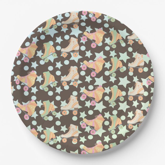 Retro Rollerskating Birthday Skates Stars Pattern Paper Plate (Front)