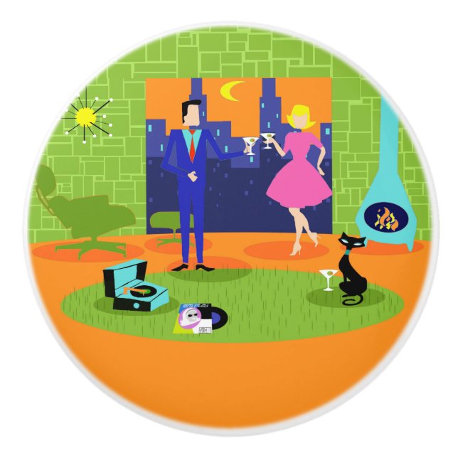 Retro Romantic Evening Couple Ceramic Pull (Front)