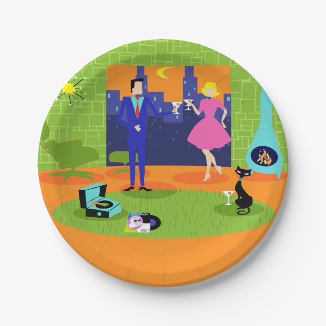 Retro Romantic Evening Couple Paper Plate (Front)