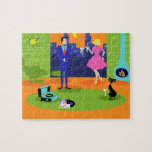 Retro Romantic Evening Couple Puzzle<br><div class="desc">This Retro Romantic Evening Couple Puzzle looks like a scene out of a 1960's romantic comedy. The minimalist design features an attractive cartoon couple in the living room of a mid century modern, urban apartment. The room prominently features a green, stone wall with a floor to ceiling window with a...</div>