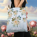 Retro Romantic Floral Bridal Tote Bag<br><div class="desc">Romantic design tote bag in vintage style, featuring stripes on an elegant dusty blue gradient background with pretty flowers. The label is a separate image and can be scaled or deleted if you do not need it. You can also add a custom rectangular background shape for your text(s). Great for...</div>