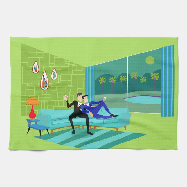 Retro Romantic Gay Couple Kitchen Towels (Horizontal)