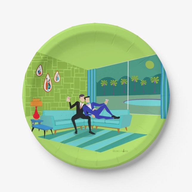 Retro Romantic Gay Couple Paper Plate (Front)